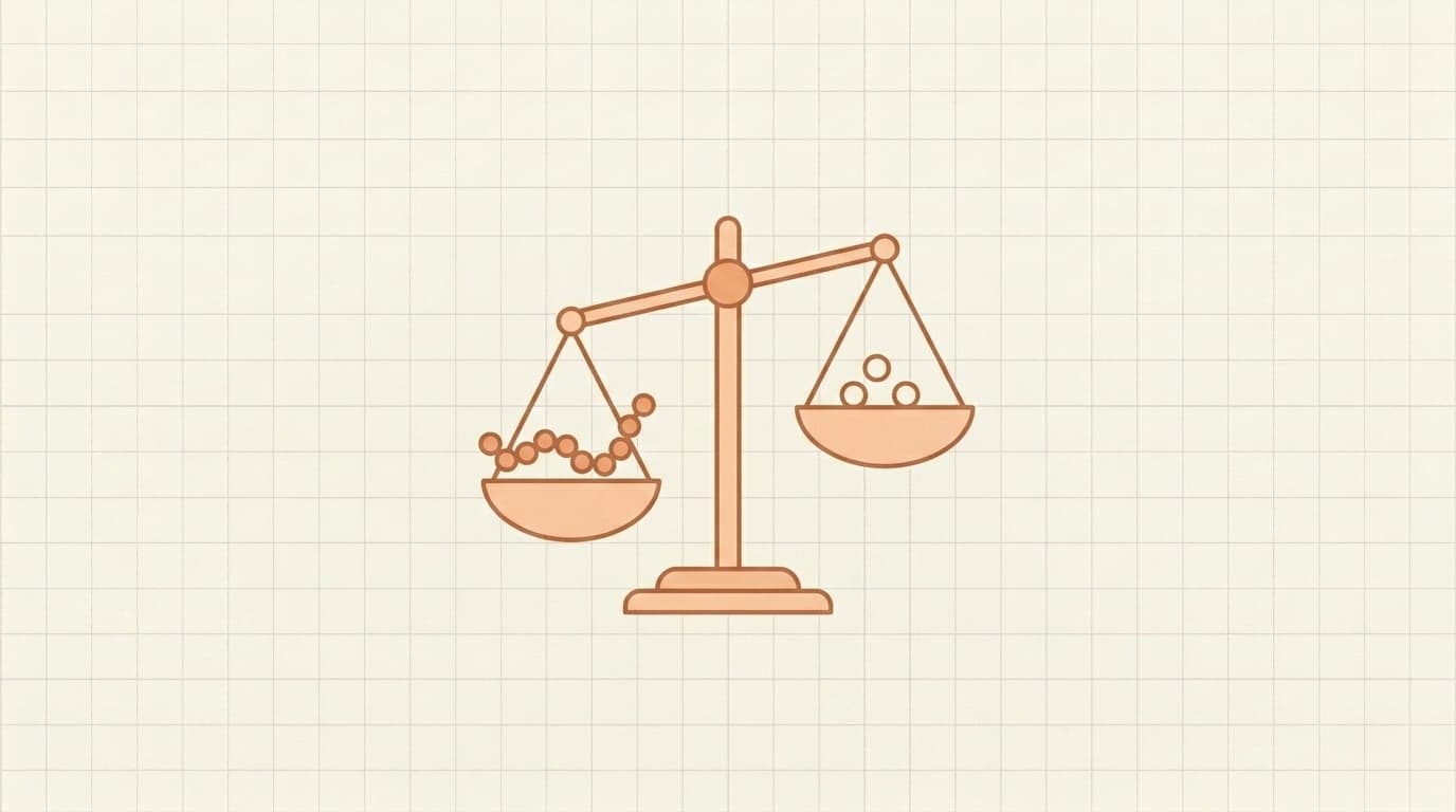 A two-pan balance scale tipped toward a pan holding a chain of round beads, terracotta line art on a cream graph-paper background.