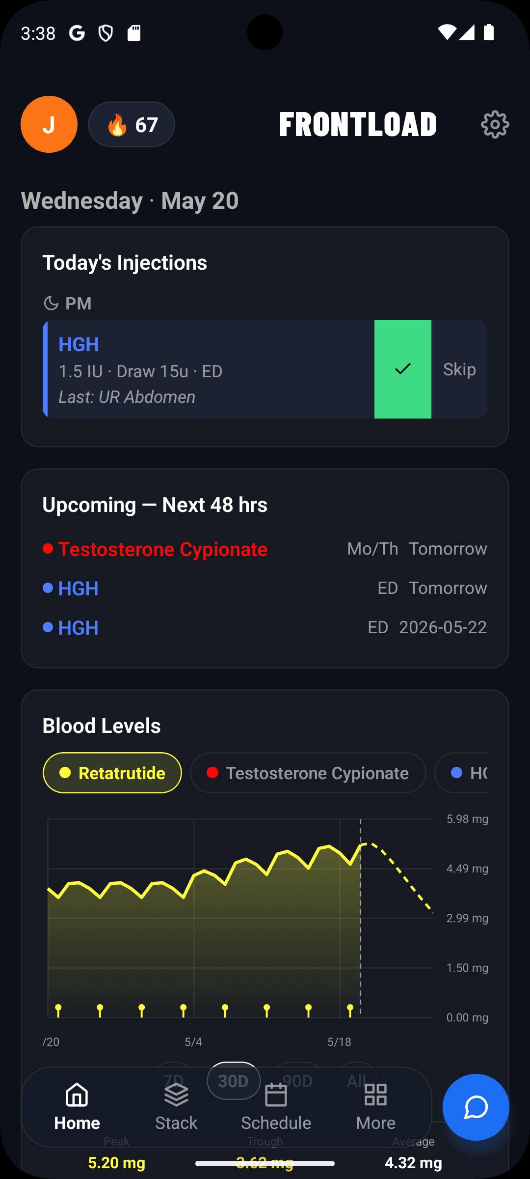 Frontload home screen showing today's injections, an upcoming-doses list, and a blood-level chart for retatrutide.