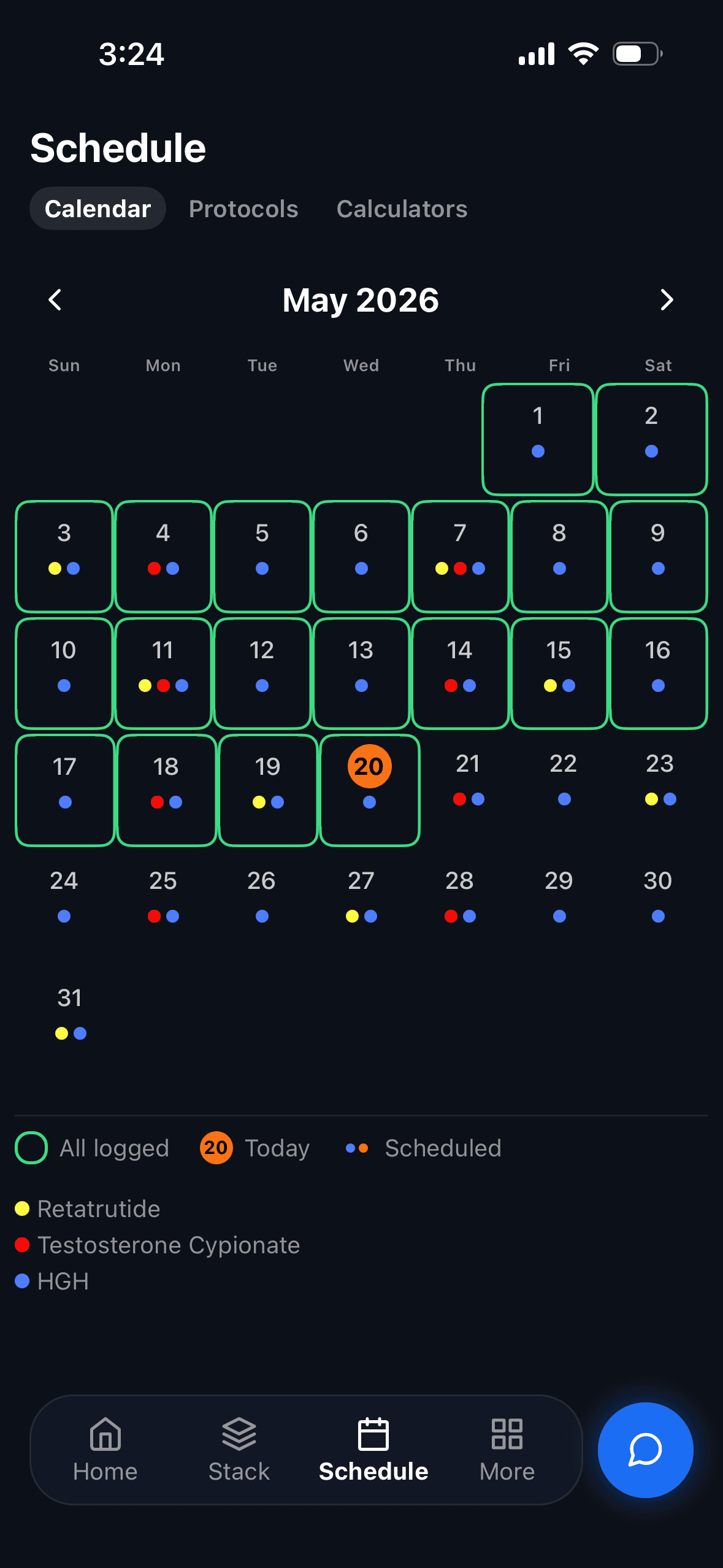 Frontload Schedule screen showing the protocol calendar and titration timeline.