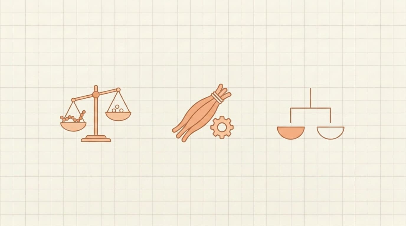 Three terracotta line drawings on cream graph paper: a tipped balance scale, a bundle of muscle fibers with a small gear, and a line splitting into two bowls, one filled and one empty.