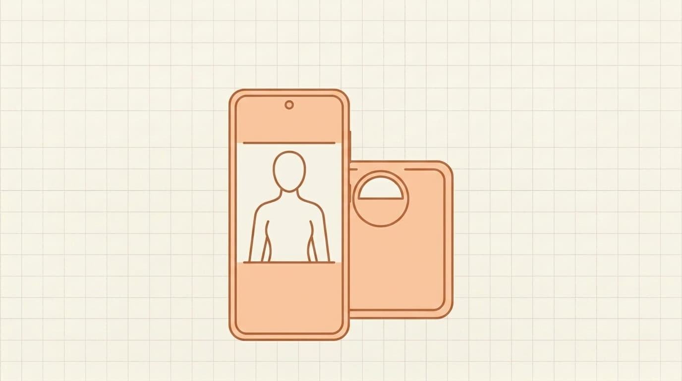 A phone showing an outline of a person's upper body between two guide lines, next to a bathroom scale, terracotta line art on a cream graph-paper background.