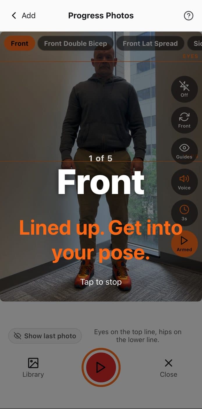 Frontload progress photo camera showing eye and hip guide lines