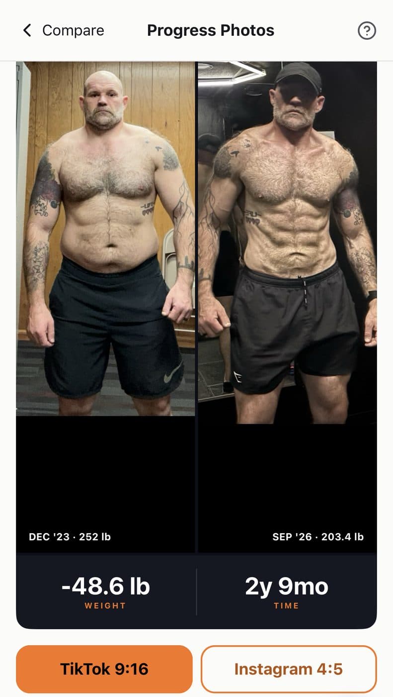 Frontload compare view showing December 2023 at 252 pounds next to September 2026 at 203.4 pounds
